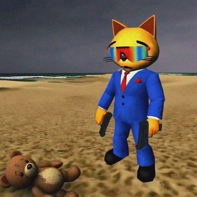 MOG in a blue suit on a beach.
